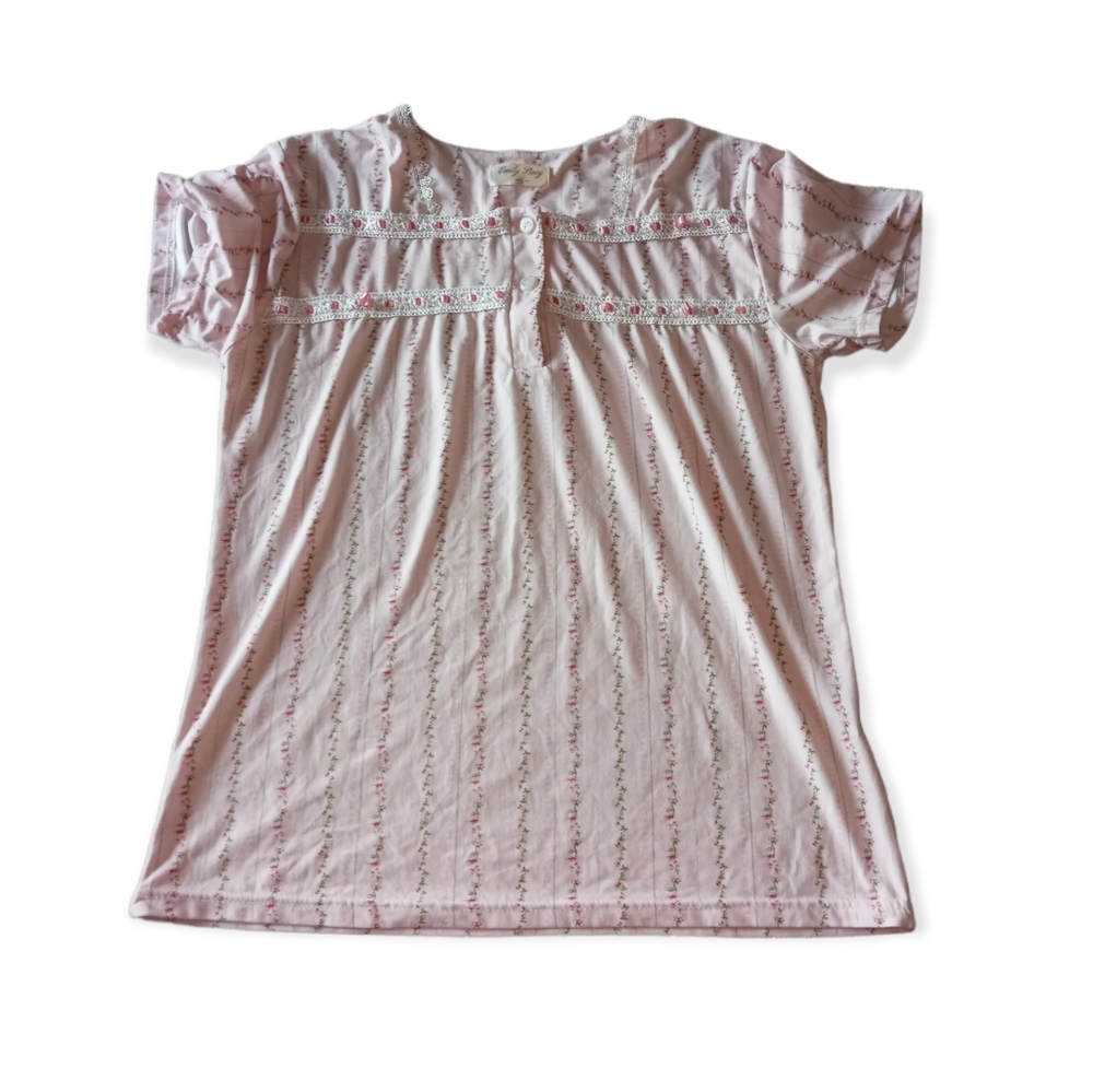 EMILY STACY pastel pink floral rose pajama top size large feminine